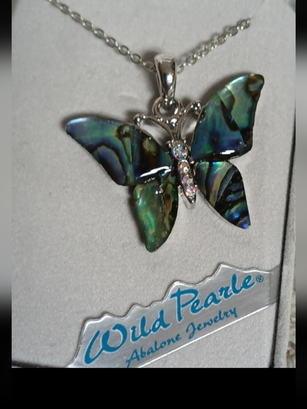 Abalone Shell Butterfly With Rhinestones | Silver Tone - Picture 5 of 6